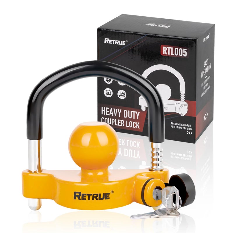 RETRUE Universal Trailer Ball Lock Hitch Coupler Locks Fits 1-7/8 Inch, 2 Inch, 2-5/16 Inch Couplers Adjustable Security with Weatherproof Cover and Cap, Yellow - Image 1